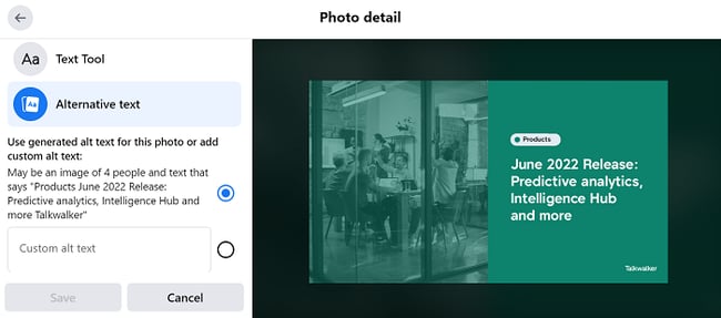 Facebook alternative text feature - Talkwalker blog header uploaded, with alt text suggestion on left, identified using image recognition technology.