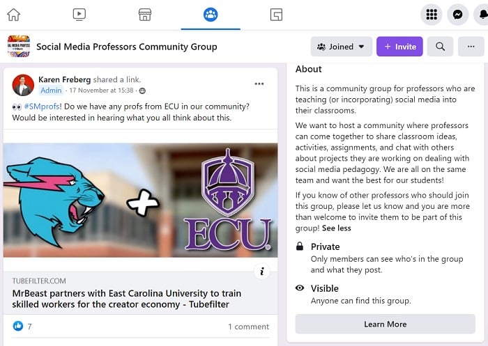 Social media professors community group on Facebook. Post from Karen Freberg.