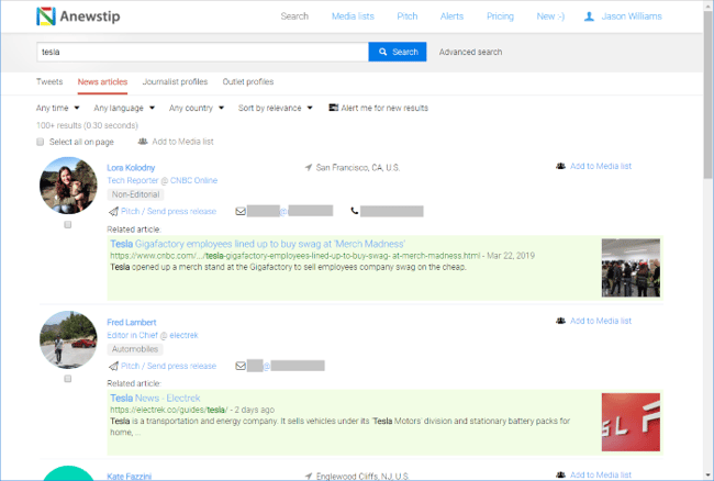 Screenshot of Anewstip’s platform which acts as a search engine for journalists covering a particular topic.