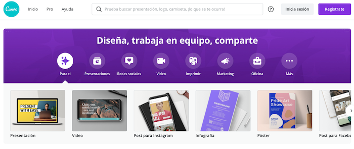 Esta herramienta proporciona plantillas personalizadas para las categorías principales: redes sociales (Facebook, Instagram), posters, newsletters, presentaciones, invitaciones y más.