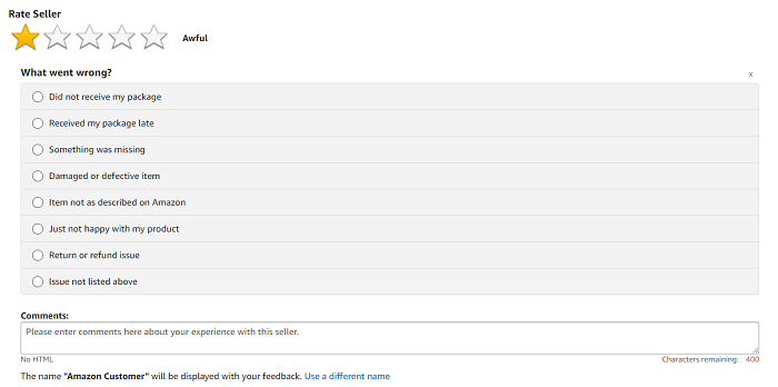 Amazon customer satisfaction form measuring customer experience during the consumer journey.