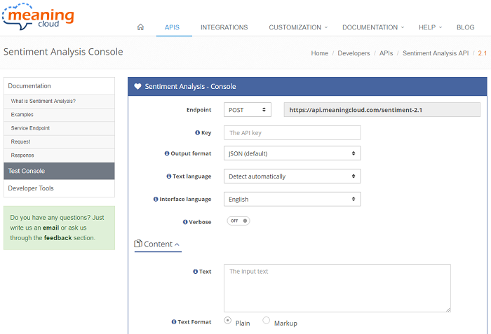 Schermata da MeaningCloud