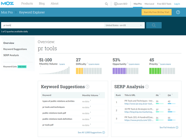 Moz website - PR Tools