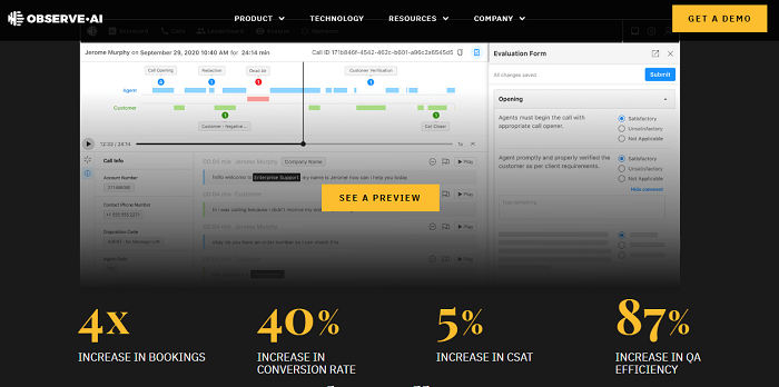 Observe.AI - Contact Center AI tool - website homepage