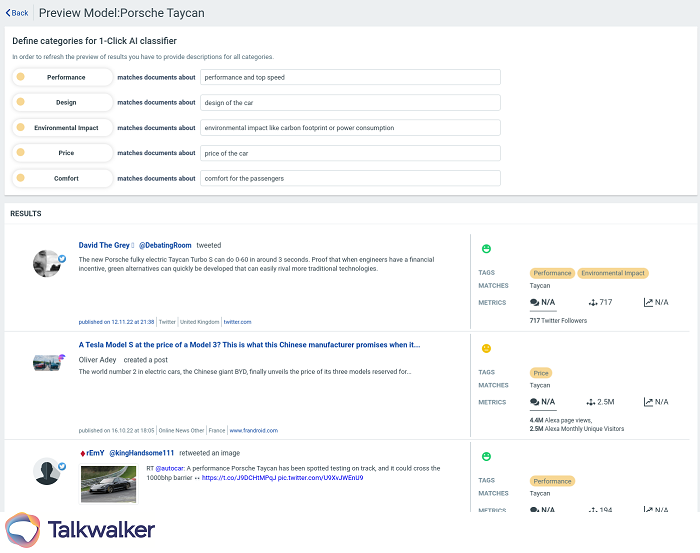 Dashboard example of how 1-Click AI Classifier uses large language models to help filter and segment large data sets