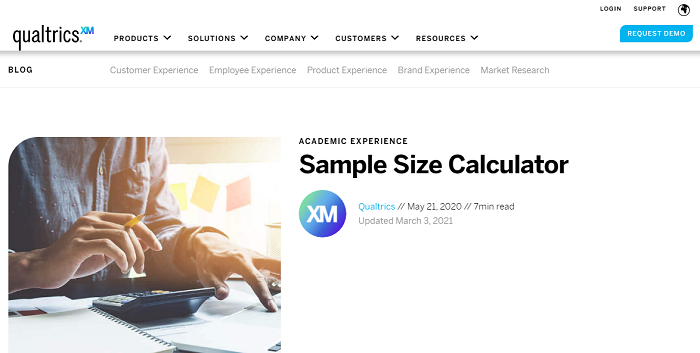 Qualtric - sample size calculator - website homepage