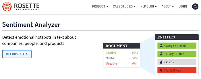 Screenshot of Rosette Text Analytics home page showing sentiment analysis feature