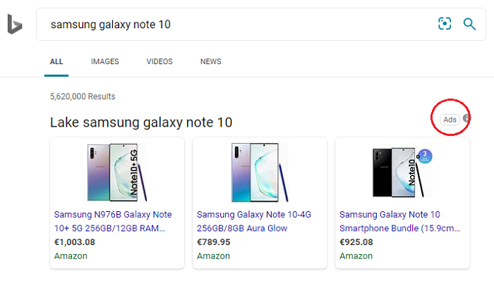 Bing search engine showing Amazon visual PPC ads