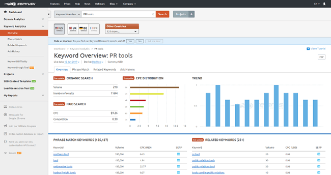 SEMRush website - PR Tools