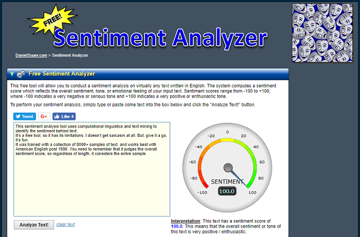 Schermata da Sentiment Analyzer