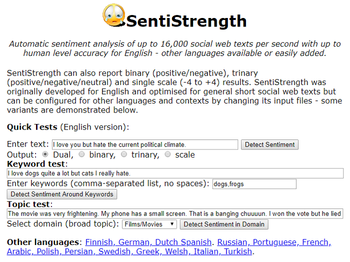 Sentiment analysis tools - SentiStrength - image is a screenshot of the tool's homepage