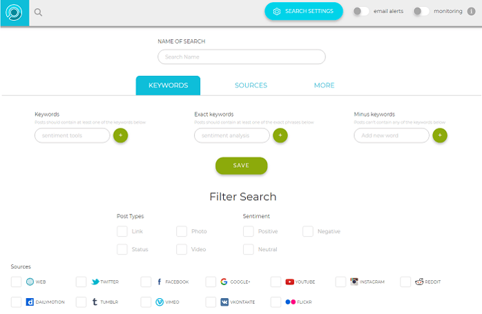 Sentiment analysis tools - Social Searcher home page