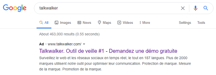 Talkwalker PPC ad ranking number one in SERPs
