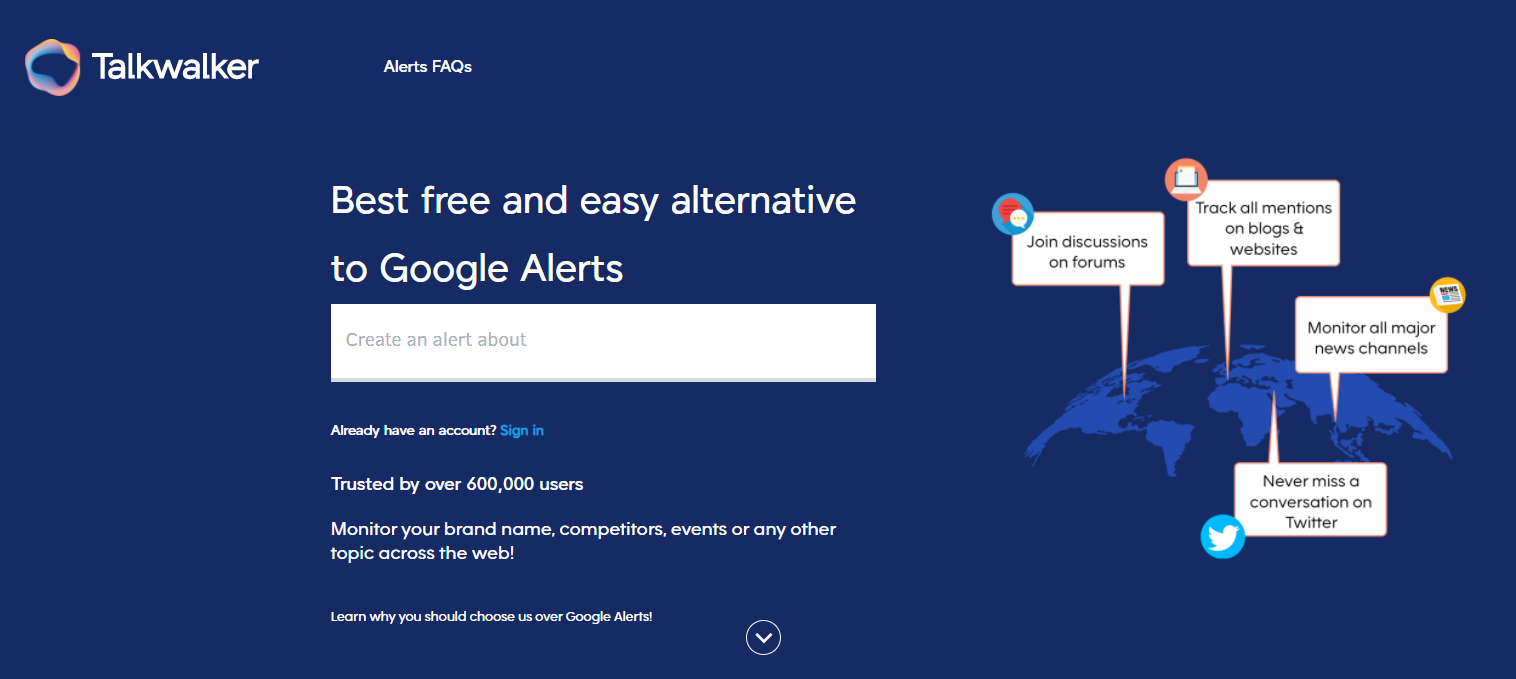 Screenshot of Talkwalker Alerts homepage