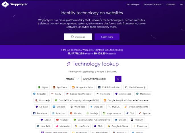 Competitor analysis tools - Wappalyzer screenshot